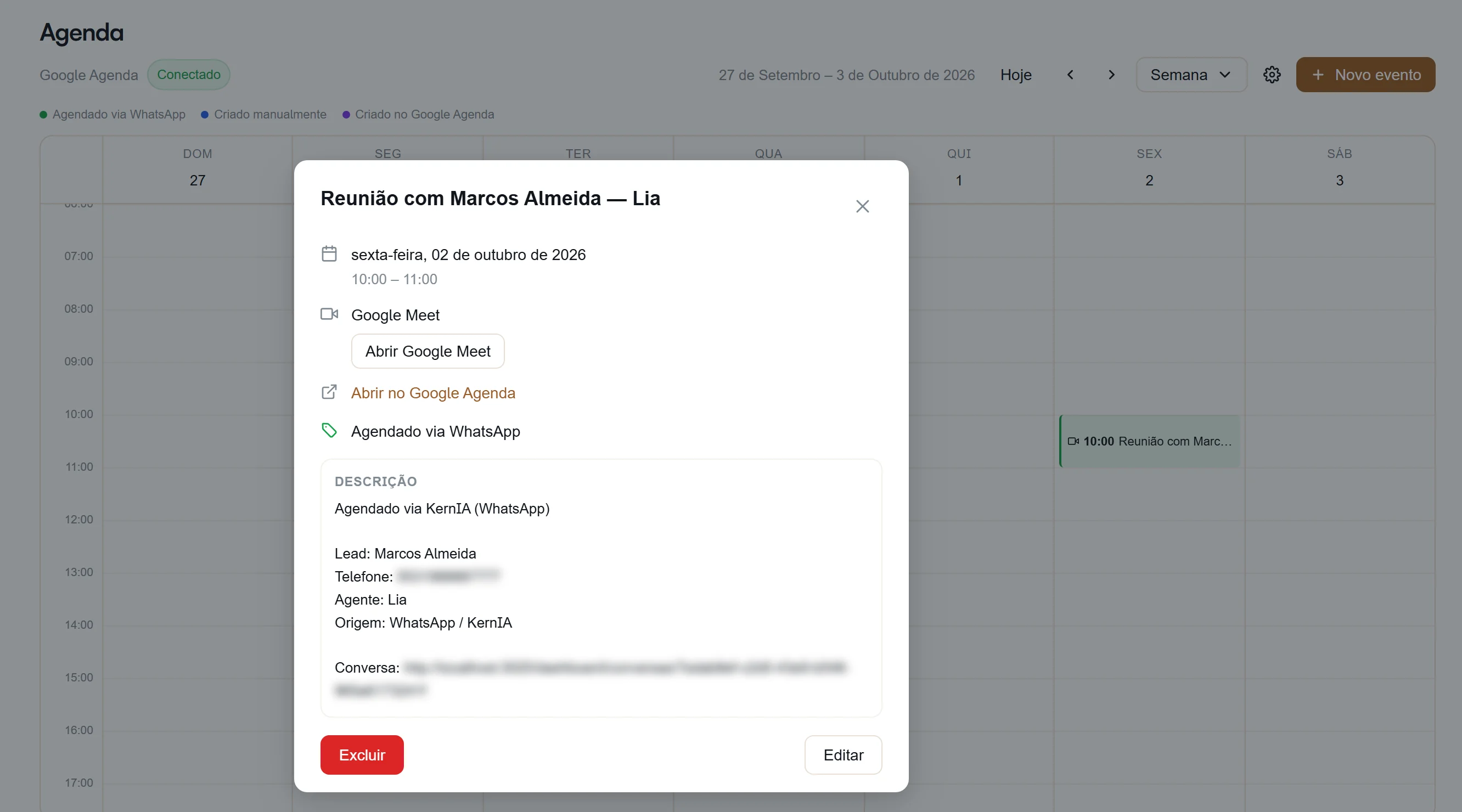 Agenda do KernIA com o Google Agenda conectado, em visão semanal, com a reunião de sexta-feira às 10h agendada via WhatsApp pela agente de IA aberta: data, horário e link do Google Meet.